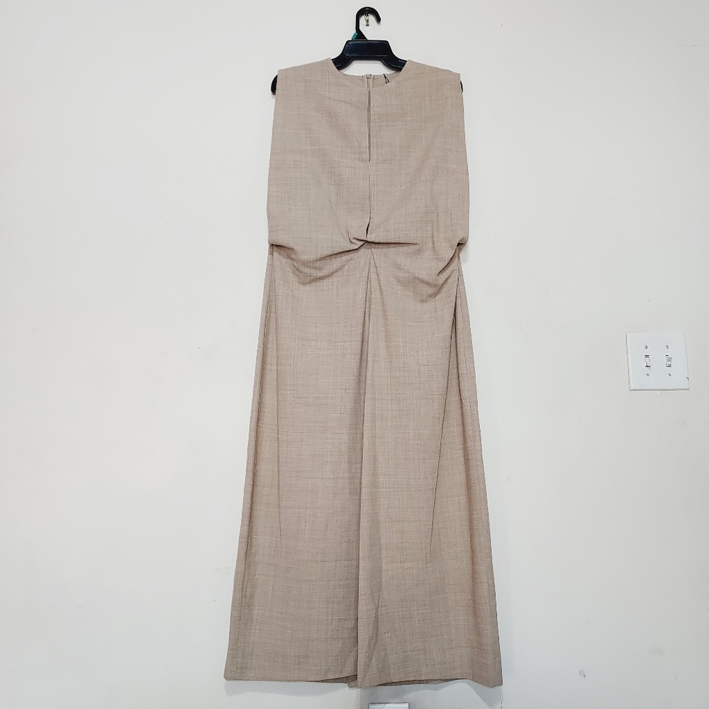 Zara ZW Collection  Elegant Tan Sleeveless Pleated Wool Blend Midi Dress Sz-XL - Picture 6 of 11